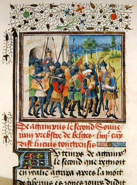 Ms 149 t.1 45. fol. Egy hadsereg hadjáratban, a Histoire des Nobles Princes de Hainaut-tól, Jacques de Guise alkotó: French School