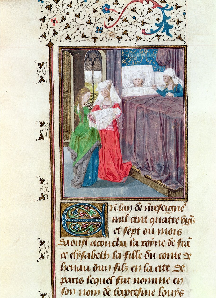 Ms 149 t.3 f.119 Lajos (1187-1226) születése 1187-ben, a Histoire des Nobles Princes de Hainaut, Jacques de Guise alkotó: French School