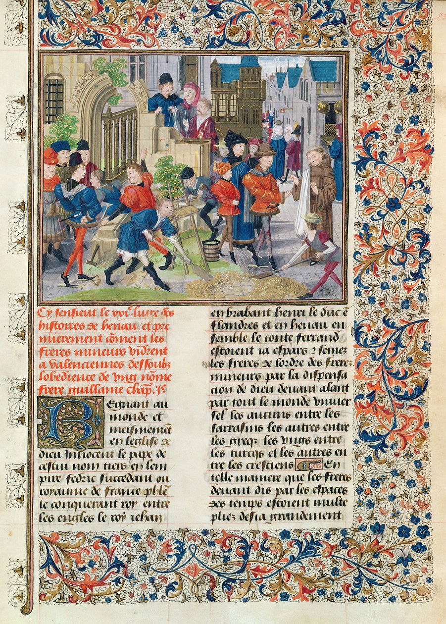 Ms 149 t.3 f.235 A valenciennes-i Kiskorúak kolostorának alapjainak építése, a Histoire des Nobles Princes de Hainaut, Jacques de Guise alkotó: French School