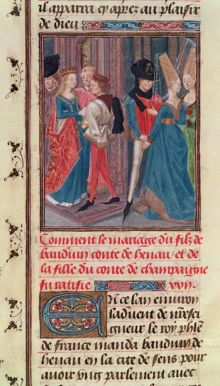 Ms 149 t.3 fol.105 VI. Baldwin és Marie, Champagne gróf lánya házassága a Histoire des Nobles Princes de Hainaut-ból, Jacques de Guise alkotó: French School