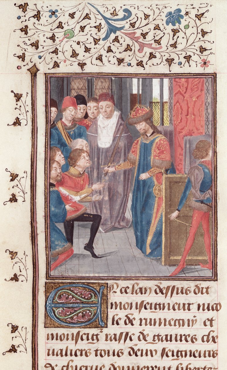 Ms 149 t.3 fol.95v Két lovag kinevezése a Histoire des Nobles Princes de Hainaut-ból, Jacques de Guise alkotó: French School