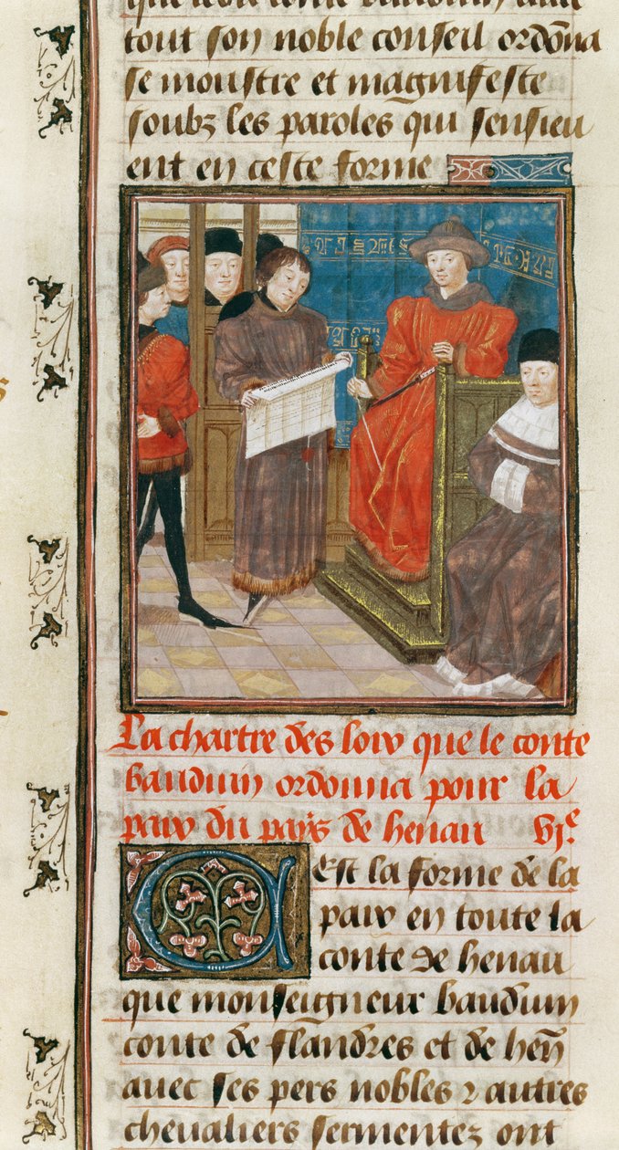 Ms. 149t.3 fol.175 v A Hainault-i Baudouin VI. gróf által Hainault országának békéjéért elrendelő törvények chartája alkotó: French School