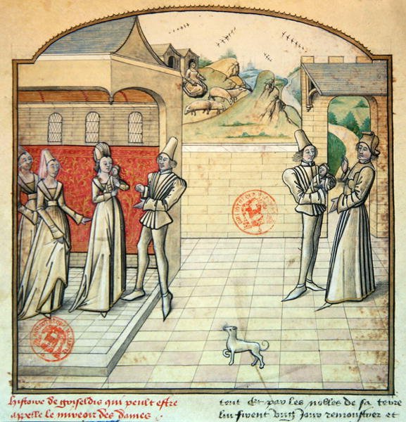 Ms 1560 Griseldis és férje, Saluces márki, illusztráció a "Fleur des Histoires"-ből, Giovanni Boccaccio után (pergamen). alkotó: French School