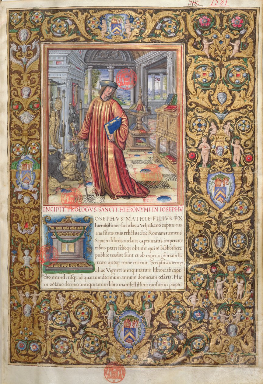 Ms. 1581 f. 001 Flavius Josephus tanulmányában, illusztráció a zsidók régiségei (Antiquitates Judaicae) prológusához, Flavius Josephus, 1503 körül alkotó: French School