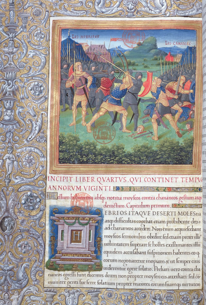 Ms. 1581 f. 071 Illusztráció a IV. könyvből (A nemzedék elutasításától Mózes haláláig), Flavius Josephus A zsidók régiségei (Antiquitates Judaicae) 1. fejezete - Harc alkotó: French School