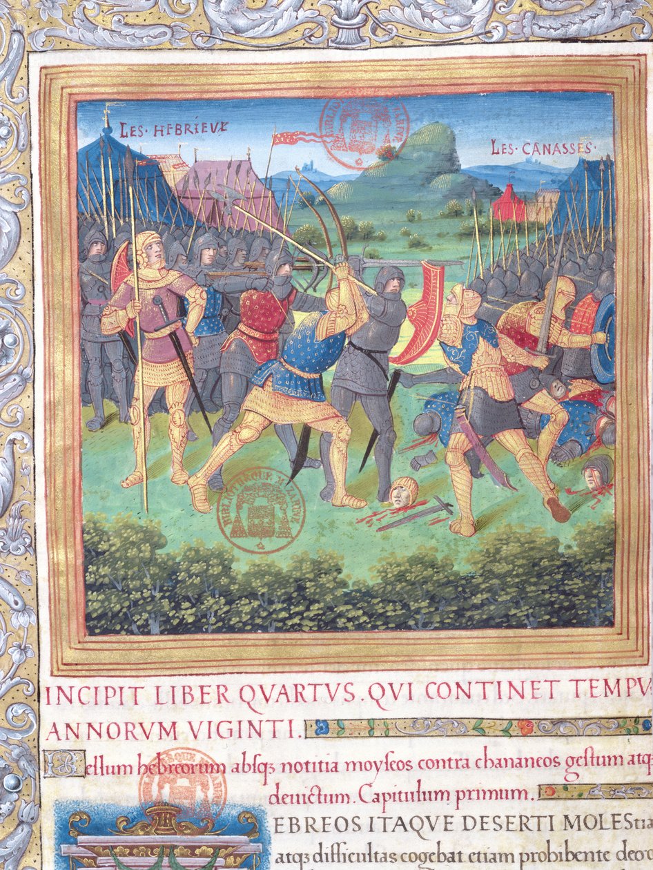 Ms. 1581 f. 071 Illusztráció a IV. könyvből (A nemzedék elutasításától Mózes haláláig), Flavius Josephus A zsidók régiségei (Antiquitates Judaicae) 1. fejezete - Harc alkotó: French School