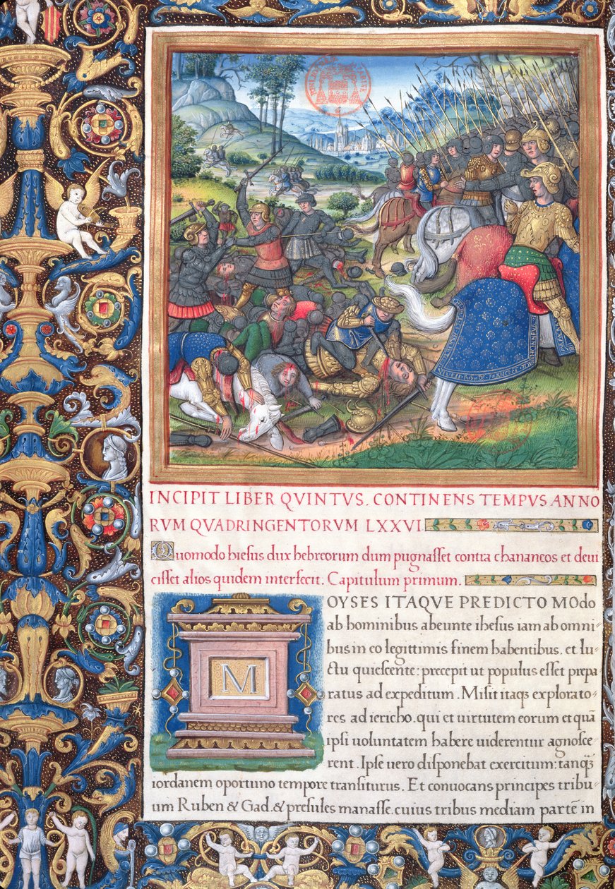 Ms. 1581 f. 089v Illusztráció az V. könyvből (Mózes halálától Éli haláláig), A zsidók régiségei (Antiquitates Judaicae) 1. fejezete, Flavius Josephus – Hogyan Joshua, the Commande alkotó: French School
