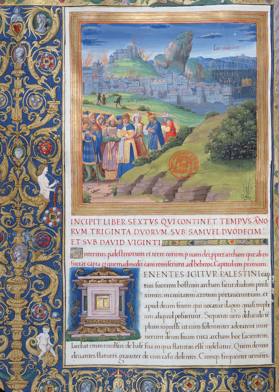 Ms. 1581 f. 108v Illusztráció a VI. könyvből (Éli halálától Saul haláláig), Flavius Josephus: A zsidók régiségei (Antiquitates Judaicae) 1. fejezete – A pusztítás alkotó: French School