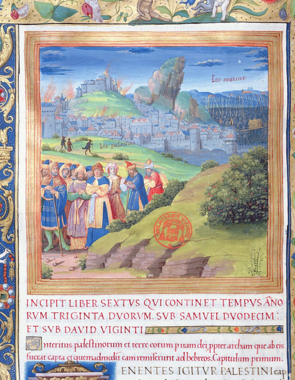 Ms. 1581 f. 108v Illusztráció a VI. könyvből (Éli halálától Saul haláláig), Flavius Josephus: A zsidók régiségei (Antiquitates Judaicae) 1. fejezete – A pusztítás alkotó: French School