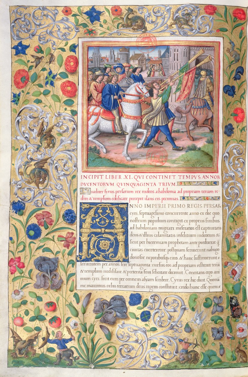 Ms. 1581 f. 211v Illusztráció a XI. könyvből (Círusz első évétől Nagy Sándor haláláig), Flavius Josephus A zsidók régiségei (Antiquitates Judaicae) 1. fejezetéből - Ho alkotó: French School