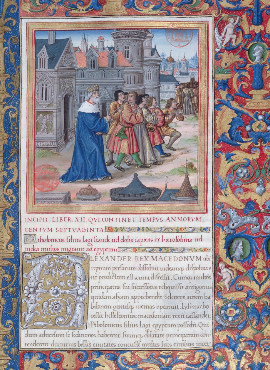 Ms. 1581 f. 228 Illusztráció a XII. könyvből (Nagy Sándor halálától Maccabeus Judas haláláig), Flavius Josephu A zsidók régiségei (Antiquitates Judaicae) 1. fejezetéből alkotó: French School