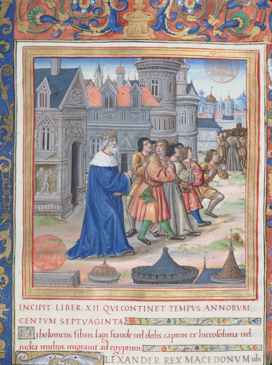 Ms. 1581 f. 228 Illusztráció a XII. könyvből (Nagy Sándor halálától Maccabeus Judas haláláig), Flavius Josephu A zsidók régiségei (Antiquitates Judaicae) 1. fejezetéből alkotó: French School