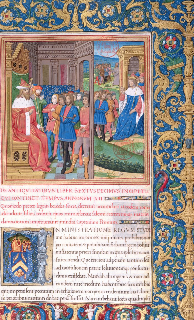 Ms. 1581 f. 311v Illusztráció a XVI. könyvből (A templom befejezésétől Heródestől Sándor és Aristobulus haláláig), a Zsidók régiségei (Antiquitates Judaicae) 1. fejezetéből, F. alkotó: French School