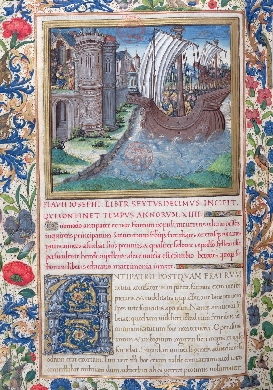 Ms. 1581 f. 326v Illusztráció a XVI. könyvből (A templom befejezésétől Heródestől Sándor és Arisztobulosz haláláig), Fl: A zsidók régiségei (Antiquitates Judaicae) 1. fejezete alkotó: French School