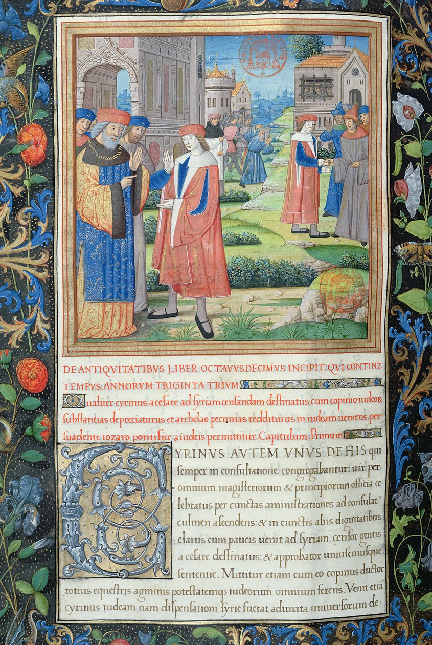 Ms. 1581 f. 349v Illusztráció a XVIII. könyvből (Arkhelaosz száműzetésétől a zsidók Babilonból való távozásáig), Flavius: A zsidók régiségei (Antiquitates Judaicae) 1. fejezete alkotó: French School