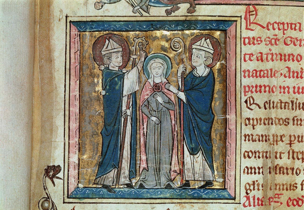 Ms 16261 f.1 St. Genevieve trónra emelése, a Censier de lAbbaye Sainte-Genevieve alkotó: French School