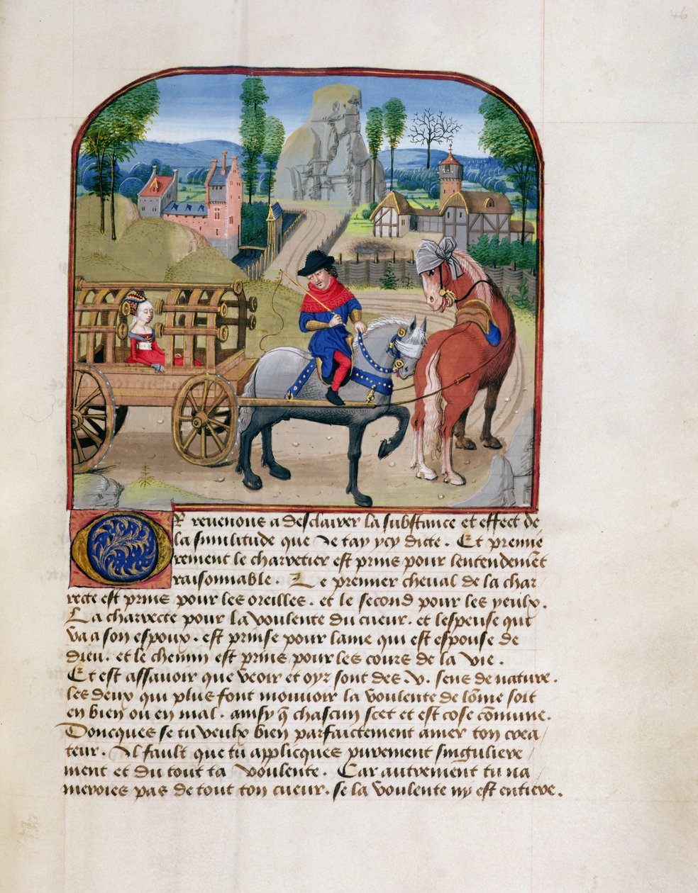 Ms 165 fol.46r Hölgy egy fedett kocsiban, amelyet két ló húzott, Rene d