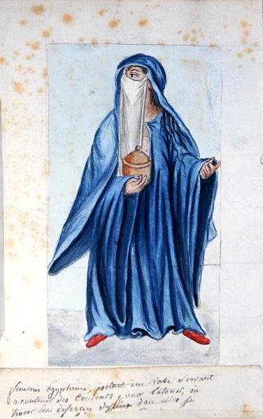 Ms 1688 egyiptomi nő tetoválási pigmenteket tartalmazó vázával alkotó: French School