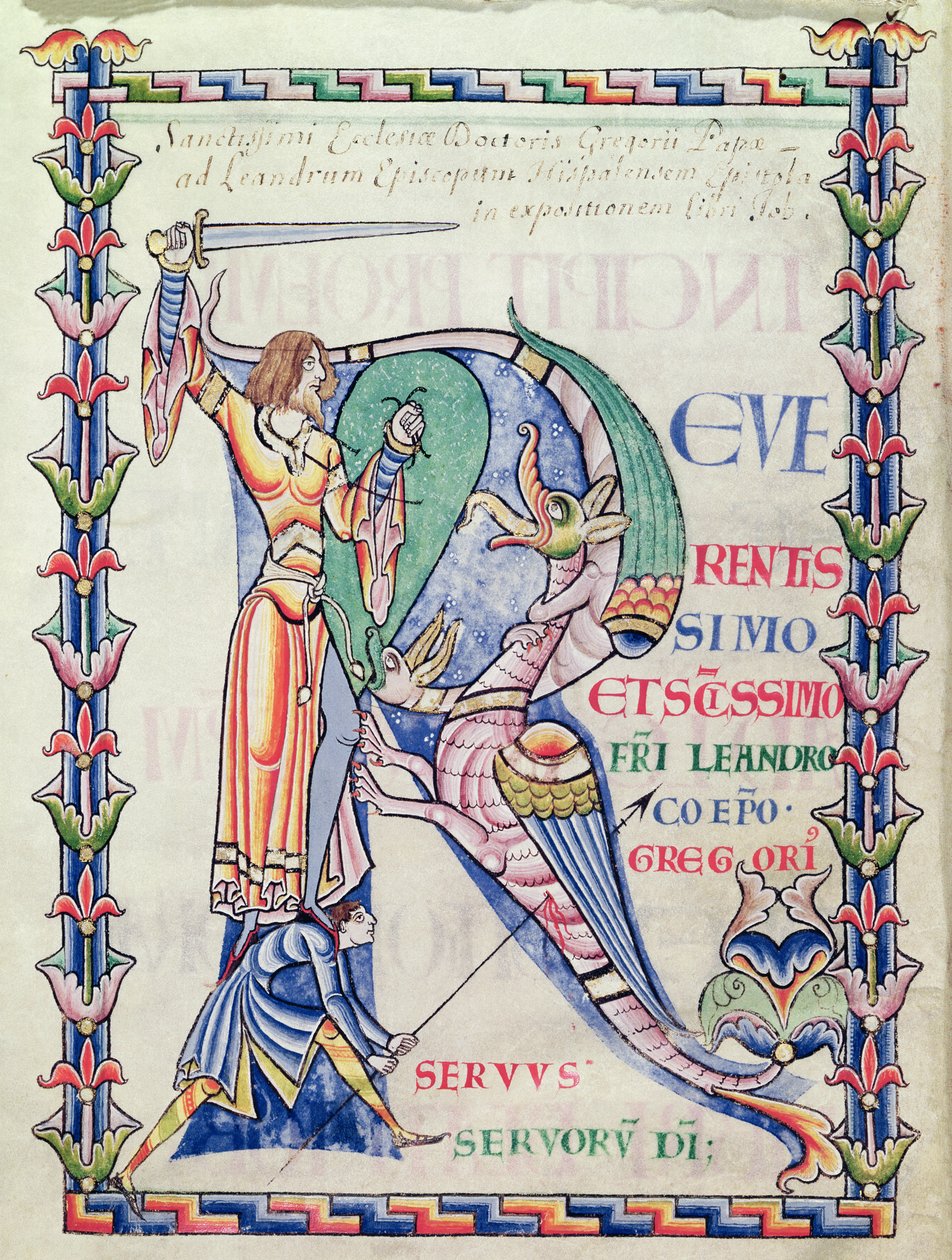 Ms 168 f.4v Történelmi kezdetű R, amely egy lovagot ábrázol, aki harcol egy sárkánnyal, a Moralia in Job című művéből, Nagy Gergely pápától alkotó: French School