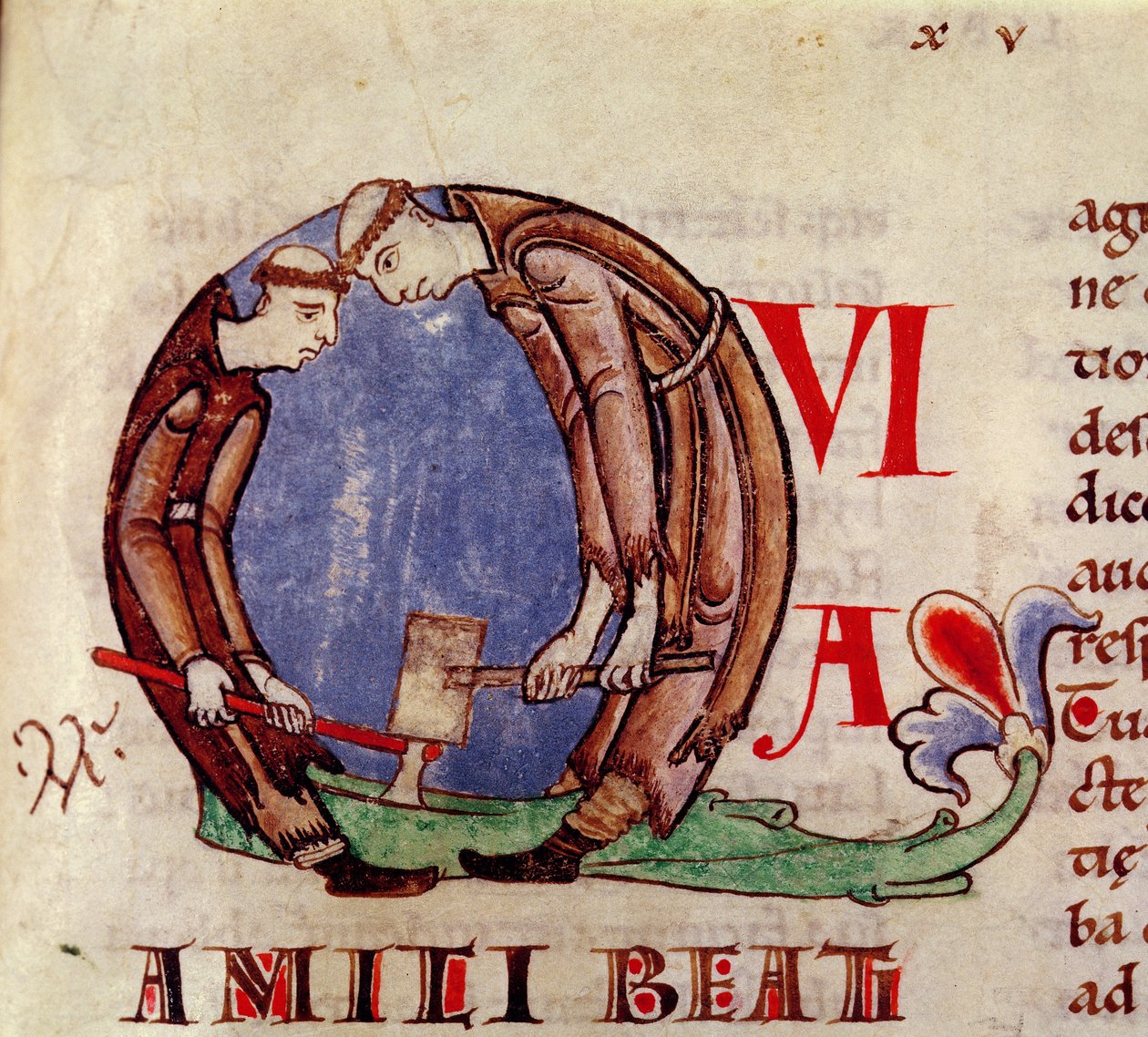 Ms 170 fol.59 Történelmi kezdetű Q, amely fát aprító szerzeteseket ábrázol, Nagy Gergely pápa Moráliájából Jóbban alkotó: French School