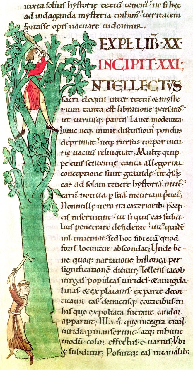 Ms 173 f.41 Historiált iniciálé I, amely egy szerzetest és egy fát vágó és metsző laikust ábrázol, Nagy Gergely pápa Moráliájából Jóbban alkotó: French School
