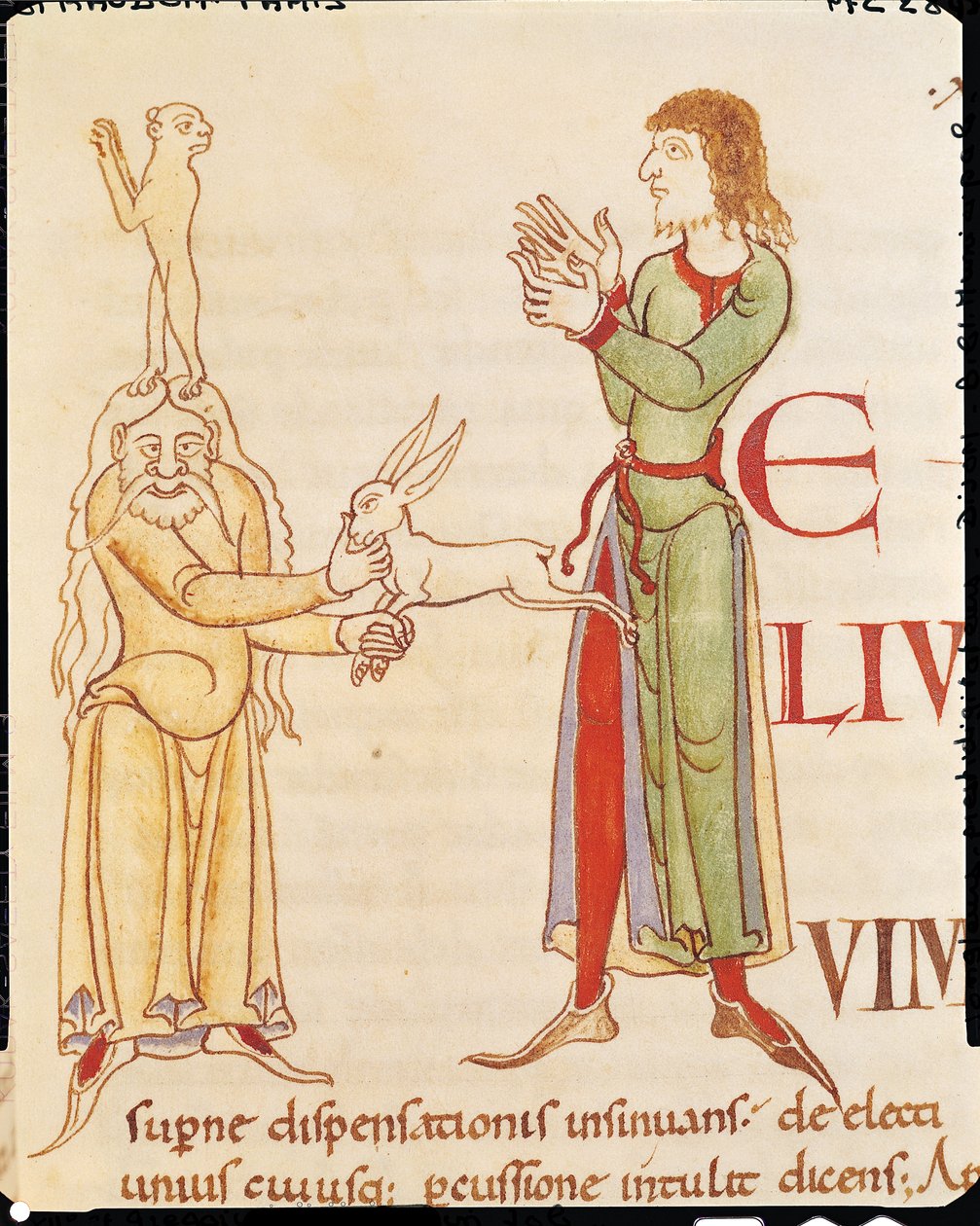 Ms 173 f.66r Kezdő H két varázsló formájában, Nagy Gergely pápa, a burgundi iskola Moralia in Jobból alkotó: French School