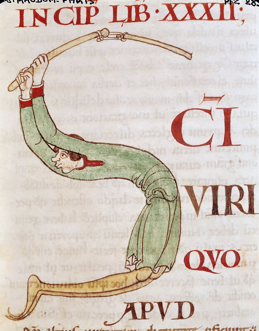 Ms 173 fol.148r Történelmi kezdetű S, amely egy cséplő embert ábrázol, a Morália Jóbban című művéből, Nagy Gergely pápától alkotó: French School