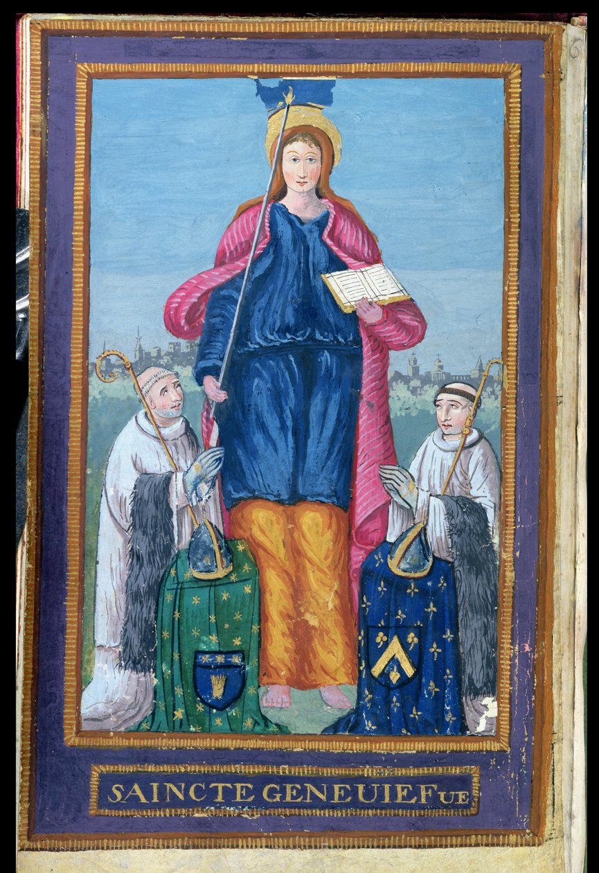 Ms 1847 St. Genevieve ábrázolása, ereklyetartója szállításáról szóló kéziratból, 1594 alkotó: French School