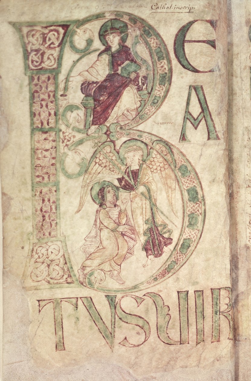 Ms 18 f.1v Történelmi kezdetű B, amely Szent János evangélistát és egy angyalt ábrázol, Corbie zsoltárából alkotó: French School