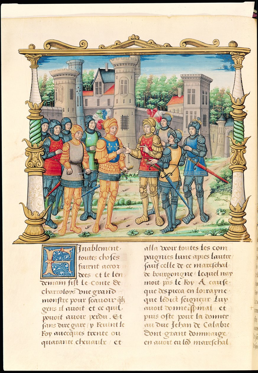 Ms 18 f.32v A konflani szerződés XI. Lajos és Merész Károly, Burgundia hercege között, 1465. október, Philippe of Commines (1445-1509) emlékirataiból alkotó: French School