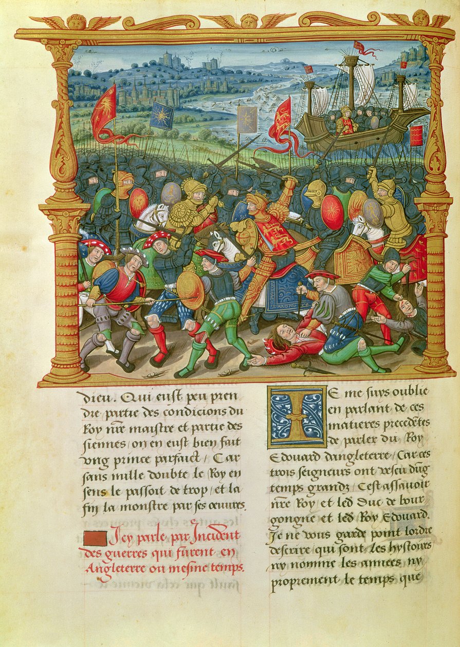 Ms 18 f.73v III. Edward király háborút vívott a crecy-i csatában 1346-ban, Philippe of Commines (1445-1509) emlékirataiból alkotó: French School