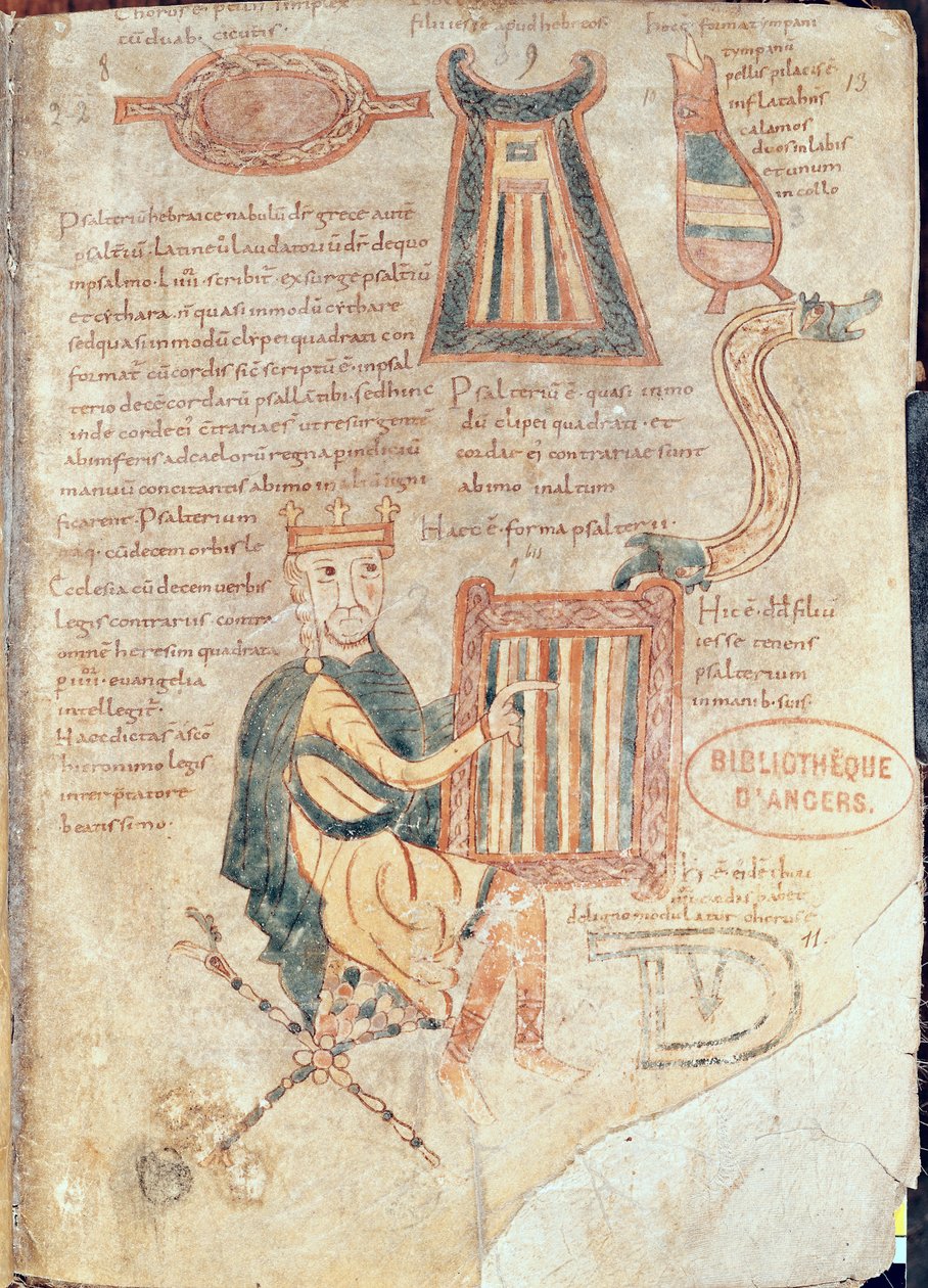 Ms 18 fol.13 Dávid király zsoltárt játszik, zsoltárból alkotó: French School