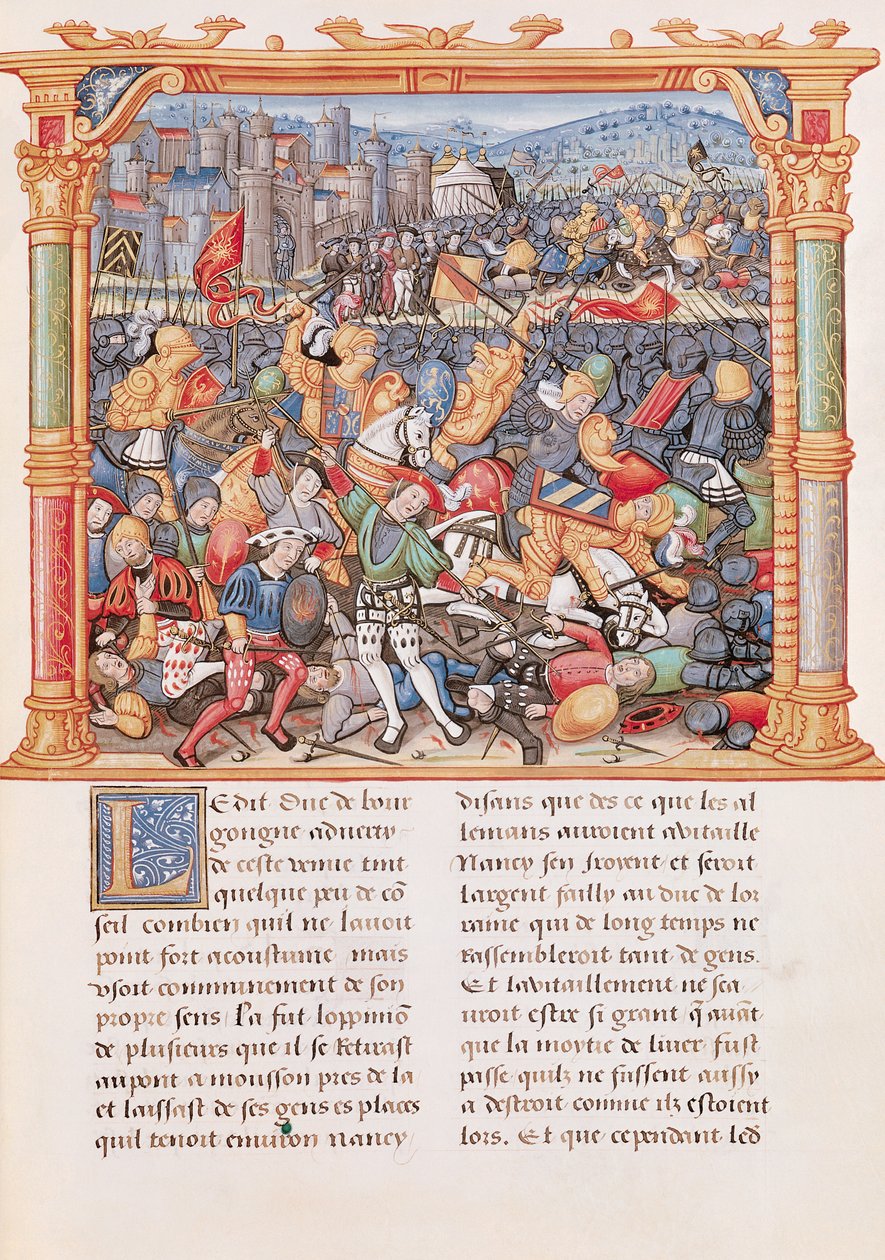 Ms 18 fol.150r Nancy csata 1477-ben, a Memoires de Philippe de Commines alkotó: French School