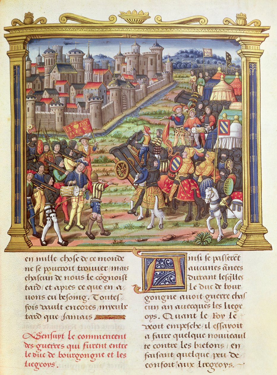 Ms 18 fol.36r Háború Merész Károly, Burgundia és Liege hercege között 1467-68-ban, Philippe of Commines emlékirataiból (1445-1509) alkotó: French School