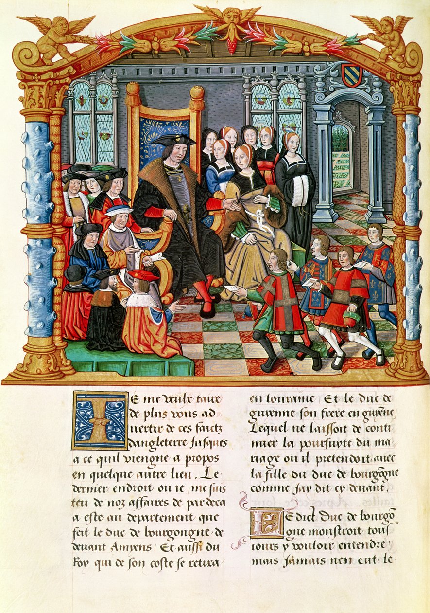 Ms 18 fol.84v Merész Károly, Burgundia hercege, aki Franciaország és Guyenne követeit fogadja Philippe of Commines emlékirataiból (1445-1509) alkotó: French School