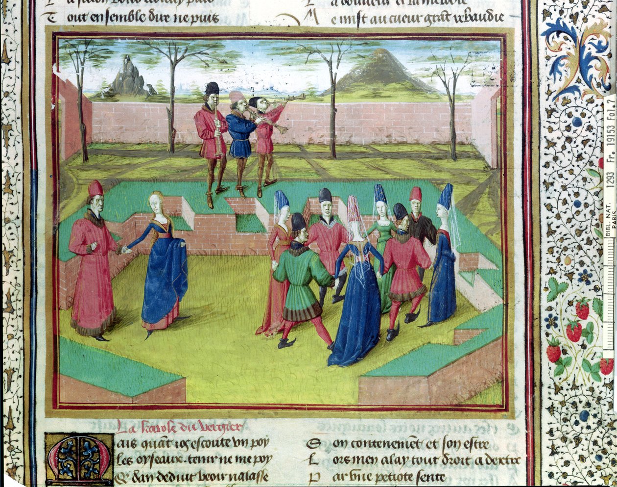 Ms 19153 f.7 A Carole in the Orchard, illusztráció a Le Roman de la Rose-ból, Jean de Meung, 1460 körül alkotó: French School