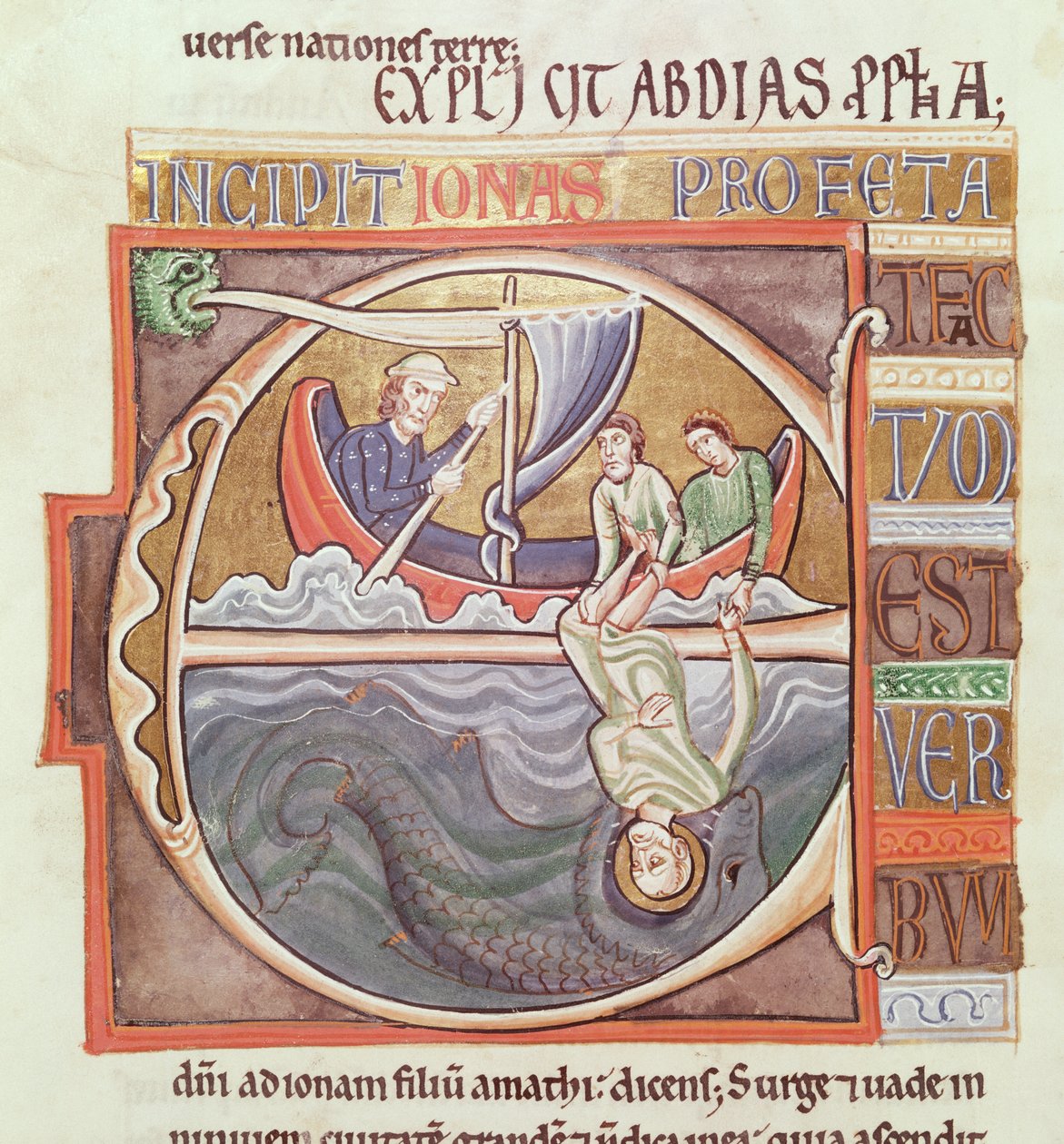 Ms 1 Fol.196v Történelmi kezdetű E, amely a tengerbe dobott Jonah-t ábrázolja, a Souvigny-bibliából, 12. század vége alkotó: French School