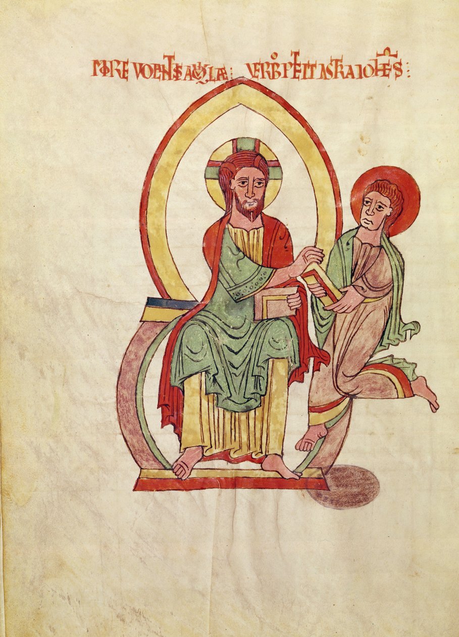 Ms. 1 Fol 111v Saint John fut, hogy befogadja az evangéliumot Krisztustól, egy mandorlában ülve, miniatűr Saint-Michel-de-Cuxa evangéliumából, 1070-1130 körül alkotó: French School