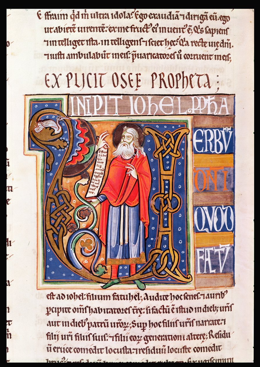 Ms 1 fol.193v Történelmi kezdetű U, amely Joelt ábrázolja, a Souvigny Bibliából alkotó: French School