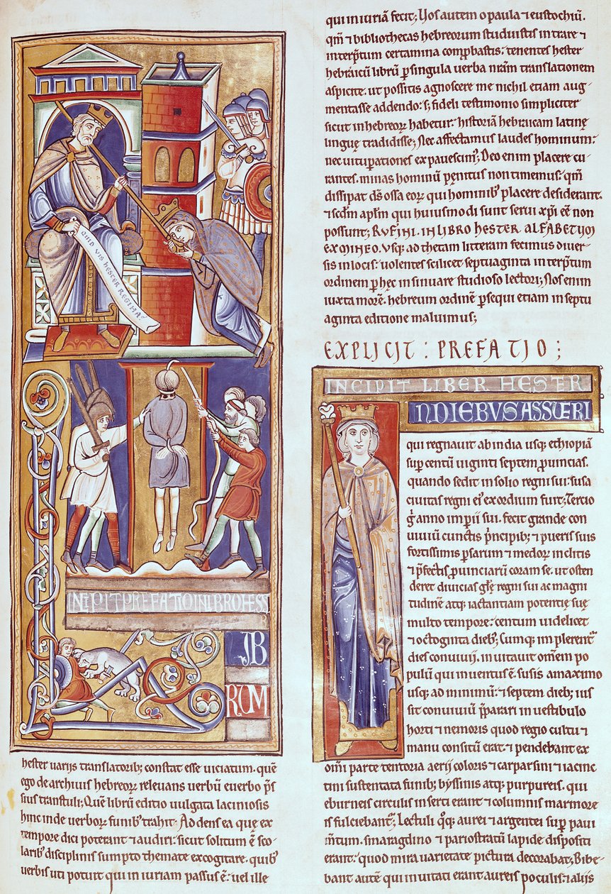 Ms 1 fol.284r Eszter és Ahasvérus és Hámán akasztása, a Souvigny Bibliából alkotó: French School