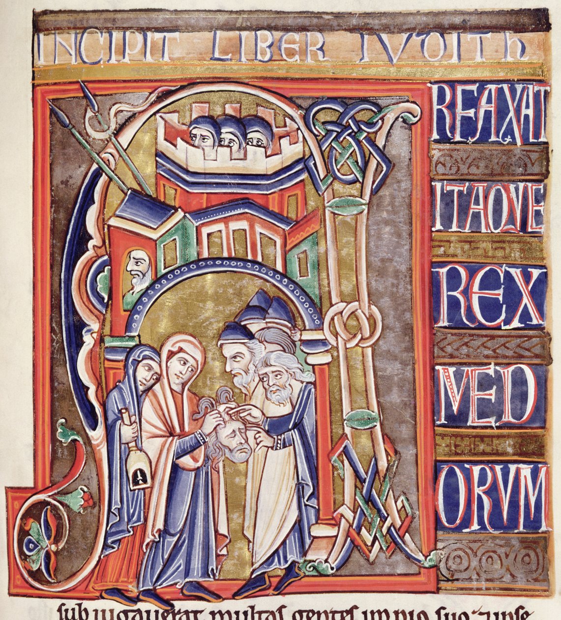 Ms 1 fol.292 Történelmi kezdőbetű, amely Juditot ábrázolja Holofernész fejével, a Souvigny Bibliából alkotó: French School