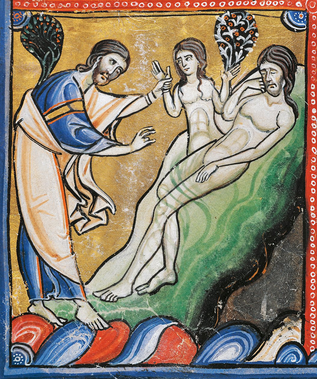 Ms 1 fol.4v Éva teremtése Ádám bordájából, részlet Souvigny Bibliájából (vellum) alkotó: French School