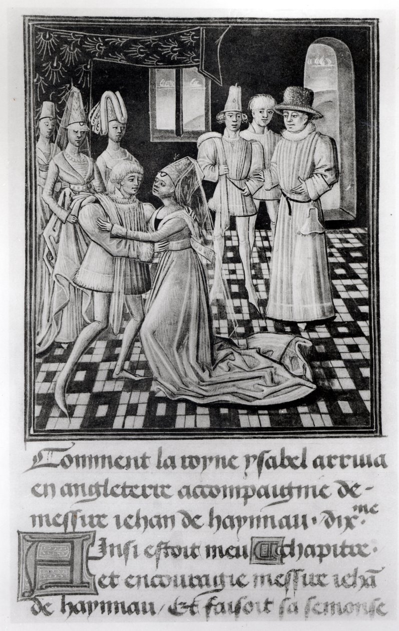 Ms. 1 fol. 6 v Franciaország Izabella, Anglia királynője búcsút vesz I. Vilmostól, Hainaut grófjától a Froissarts Chronicle-ból alkotó: French School