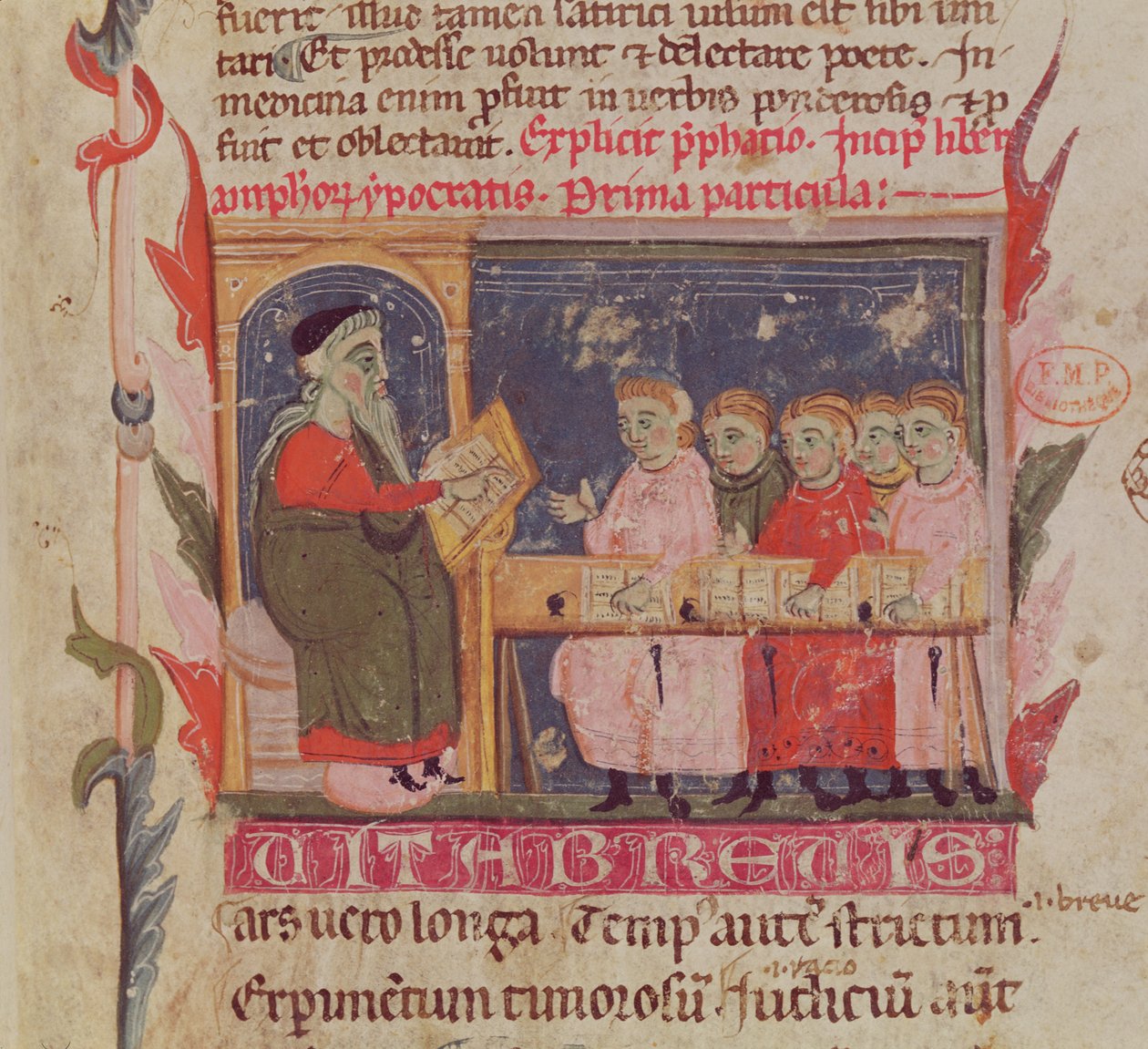 Ms. 2046 fol. 1 Oktatási jelenet, Hippokratész „Aforizmák” első oldalának részlete Galenosz „Megjegyzéseivel” (kb. 130-kb. 201), Hippokratész, Galenus műveit tartalmazó kéziratból... (vellum) alkotó: French School