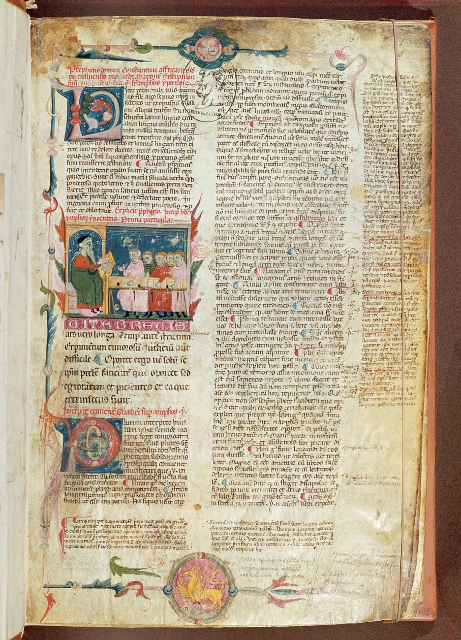 Ms. 2046 fol. 1 Oktatási jelenet, Hippokratész Aforizmák első oldala Galenus megjegyzéseivel alkotó: French School