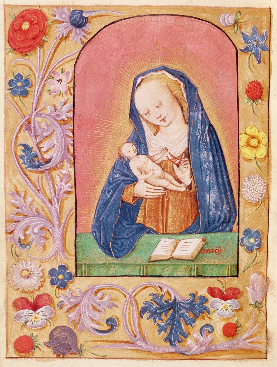 Ms 20 fol.42v A Szűz és a Gyermek rózsafüzérrel játszik, az Órák könyvéből, 15. század eleje alkotó: French School
