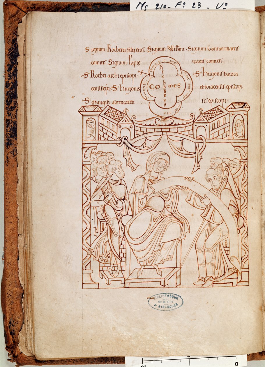 Ms 210 fol.23v Gonnor, Normandia hercegnő adománya a Mont Saint-Michel kolostornak, a Cartulaire de Mont-Saint-Micheltől, 1150-es évek alkotó: French School