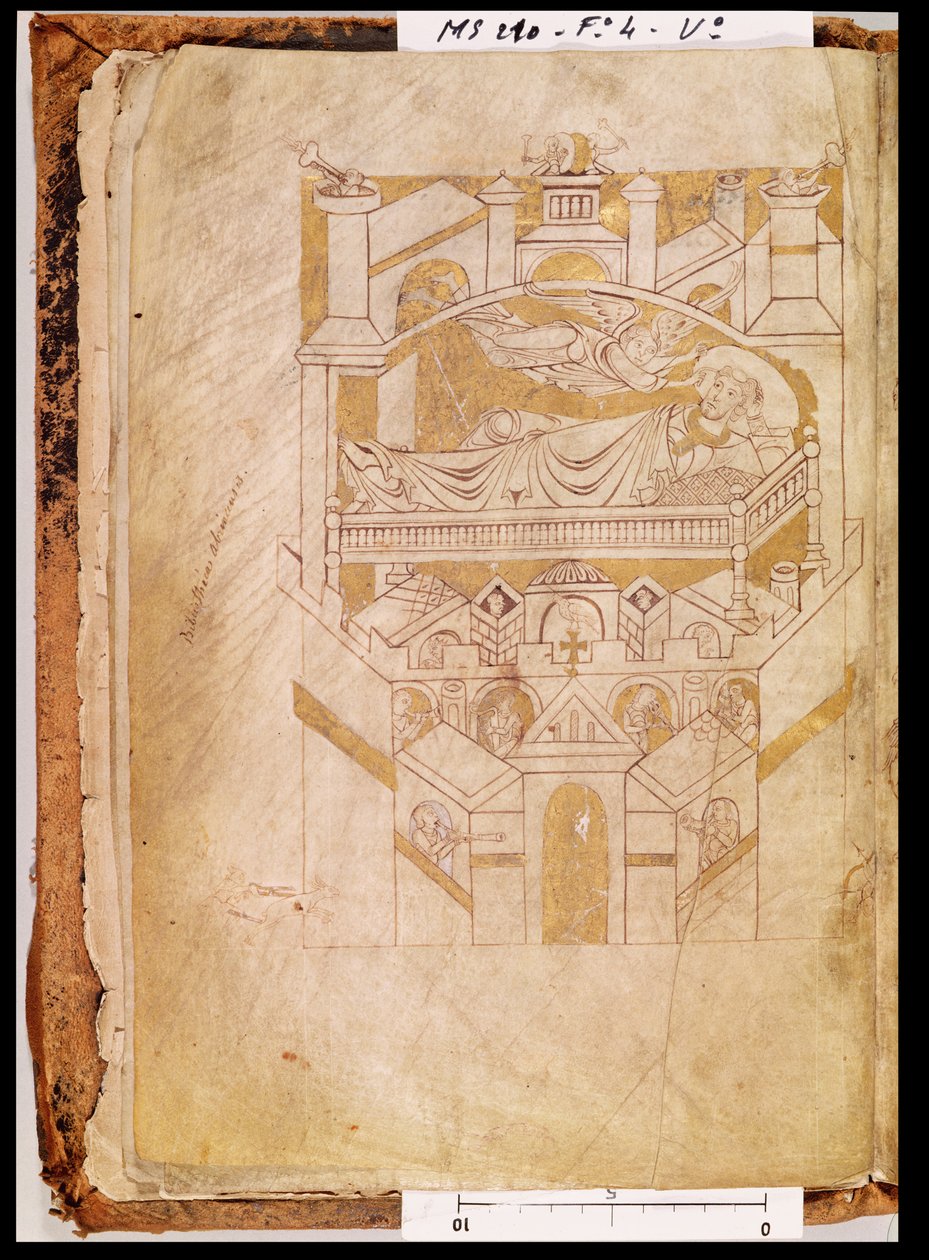 Ms 210 fol.4v Saint Aubert látomása, Mont-Saint-Michel kartuláriumából, 1150-es évek alkotó: French School