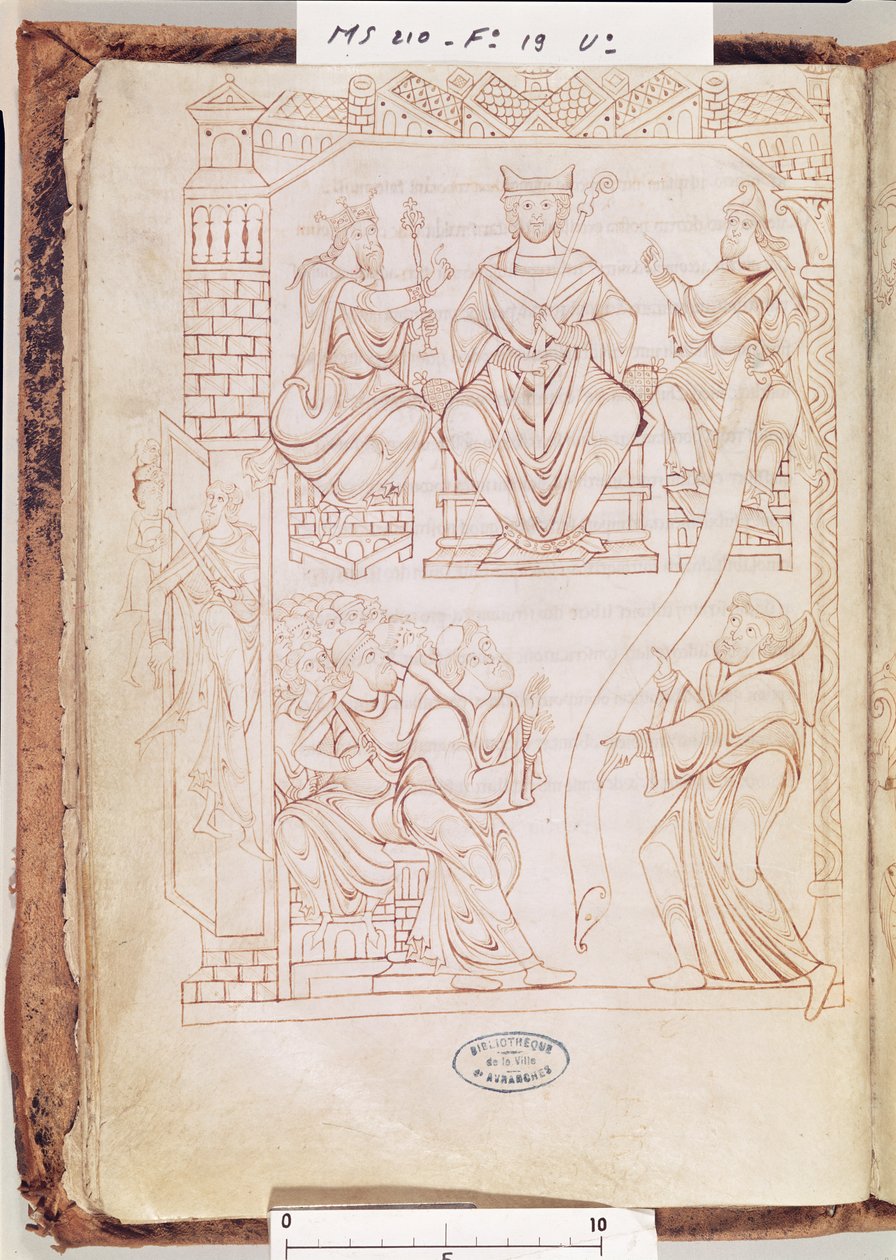 Ms 210 fol 19v. Mont Saint-Michel kartulárisa: II. Richard normandiai herceg földeket és kiváltságokat ajándékoz a Mont St. Michel kolostornak, 1150-es évek alkotó: French School