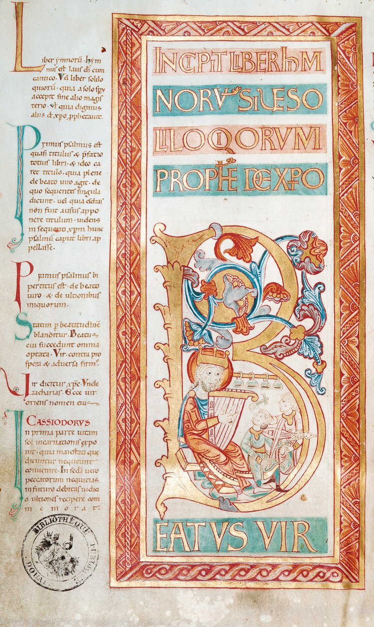 Ms 232 f.3v Dávid királyt ábrázoló történeti B kezdőbetű, egy zsoltáros könyvből alkotó: French School